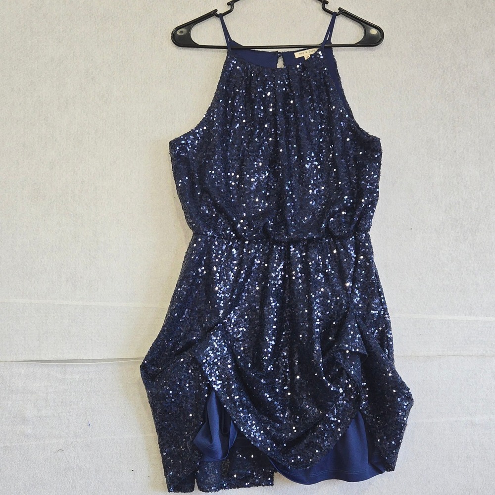 May & July Navy Blue Sequin Halter Neck Mini Dress Sleeveless MJD-1203 Size L